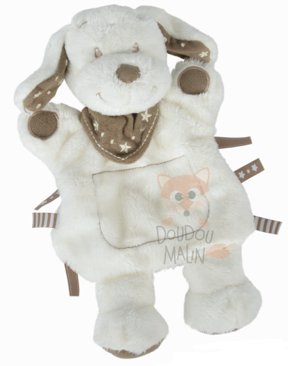 Influx marionnette chien blanc marron 